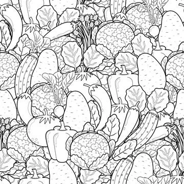 Doodle vegetables seamless pattern for coloring book Stock Illustration