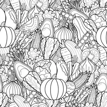 Doodle vegetables seamless pattern for coloring book Stock Illustration