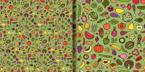 Doodle vegetarian seamless patterns set. Repeat backgrounds Stock Illustration