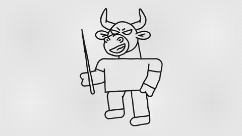 Doodle walking bull holds pointer and smiles. Alpha channel Stock Footage 295307782