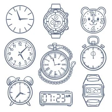 Doodle watch, clock vector icons. Hand drawn time vector icons isolated Stock Illustration