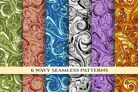 Doodle Wavy Seamless Pattern Set Stock Illustration