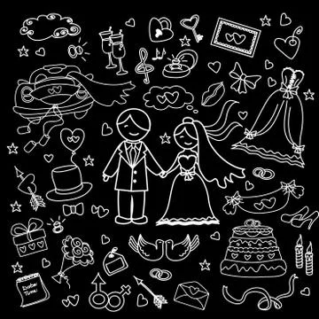 Doodle wedding set, hand drawn Stock Illustration