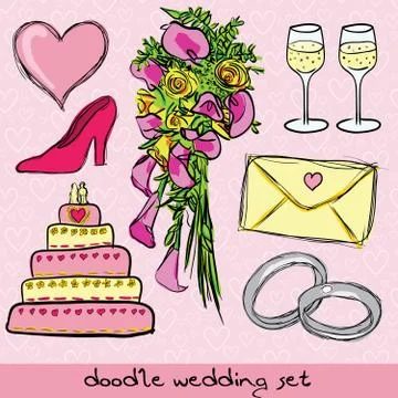Doodle wedding set, pink background Stock Illustration