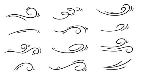 Doodle wind line sketch set. Hand drawn doodle wind motion, air blow, swirl Stock Illustration