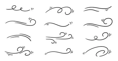 Doodle wind line sketch set. Hand drawn doodle wind motion, air blow, swirl Stock Illustration