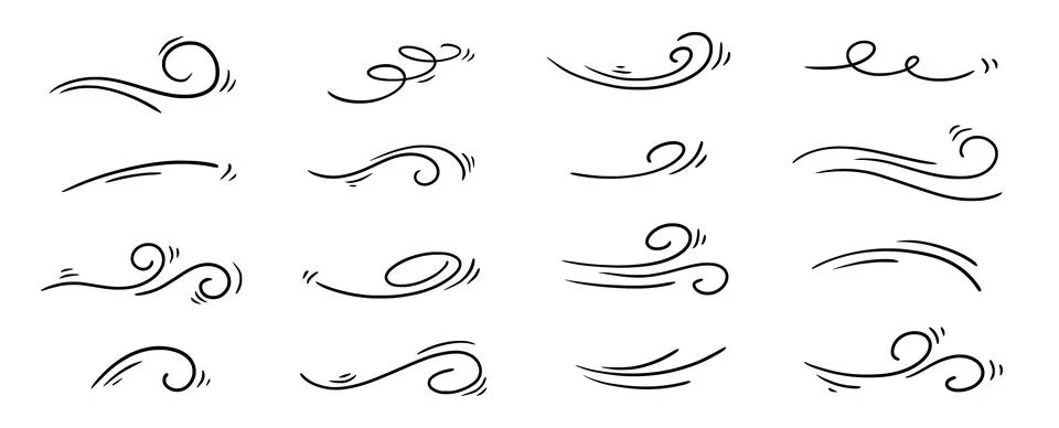 Doodle wind line sketch set. Hand drawn doodle wind motion, air blow, swirl Stock Illustration