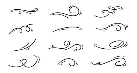 Doodle wind line sketch set. Hand drawn doodle wind motion, air blow, swirl Stock Illustration