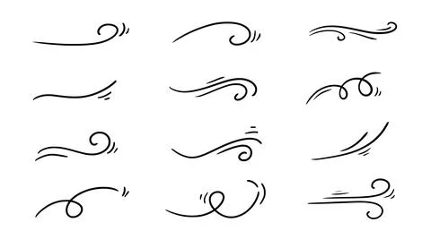 Doodle wind line sketch set. Hand drawn doodle wind motion, air blow, swirl Stock Illustration