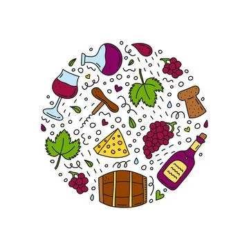 Doodle wine icons composed in circle. Stock Illustration