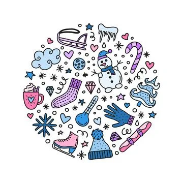 Doodle winter icons in circle. Stock Illustration