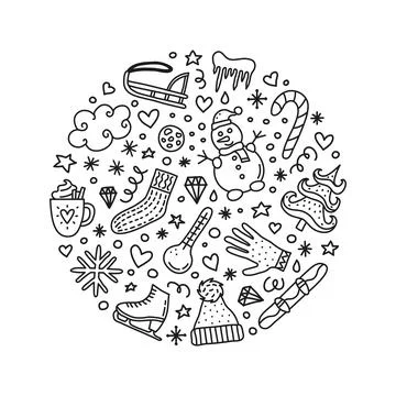 Doodle winter icons in circle. イラスト素材