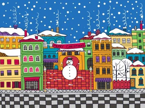 Doodle winter town Stock Illustration