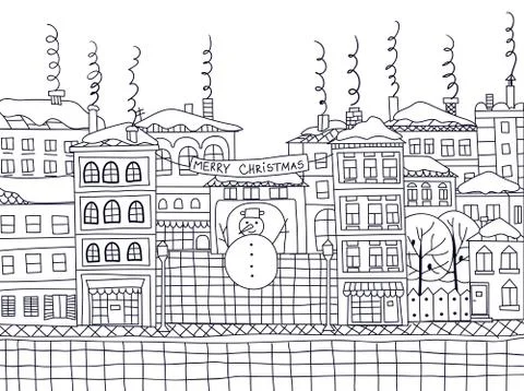 Doodle winter town Stock Illustration