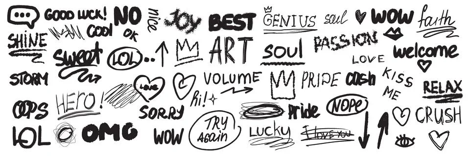 Doodle word scribble set, hand drawn sketch vector icon, messy handwriting 스톡 일러스트