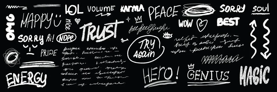Doodle word scribble set, hand drawn sketch icon vector messy handwriting Stock Illustration