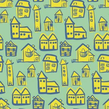 Doodle yellow buildings seamless vector pattern Ilustración de archivo
