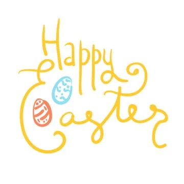 Doodle yellow Happy Easter text with color eggs Stock Illustration