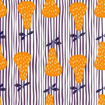 Doodle yellow pears seamless pattern on line background. Summer juicy fruit w Stock Illustration