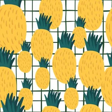 Doodle yellow pineapple seamless pattern on stripes background. Endless fruit Illustrazione stock