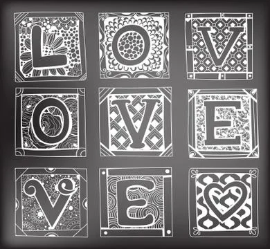 Doodled cards with letters Stock Illustration