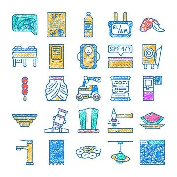 Doodled digital icons representing various modern concepts イラスト素材