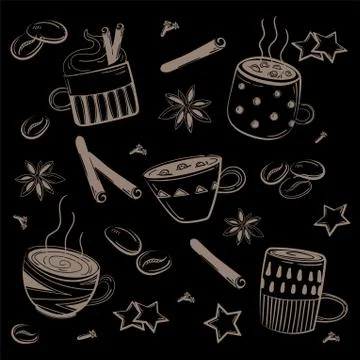 Doodles coffee set. Vector for breakfast Stock Illustration
