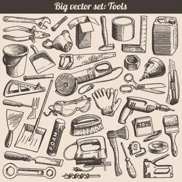 Doodles collection of working tools instruments 스톡 일러스트