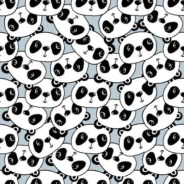 Doodles cute panda head face seamless pattern. Black on grey vector background Illustrazione stock