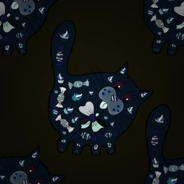Doodles cute pattern. Cat picture. Gray, black and blue on colors. Seamless Beau Illustration