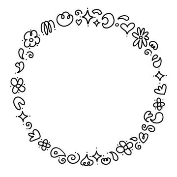Doodles decorated round thin frame. Line black hand drawn illustration. Stock Illustration