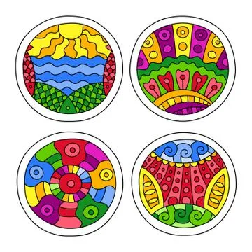 Doodles filled circles set. Illustrazione stock