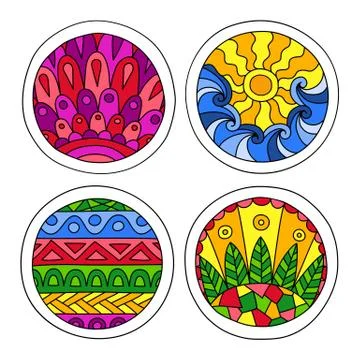 Doodles filled circles set. Stock Illustration