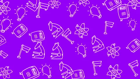 Doodles of microscopes, atoms, flags, lightbulbs, and books on a purple backgrou Stock Footage 324604164