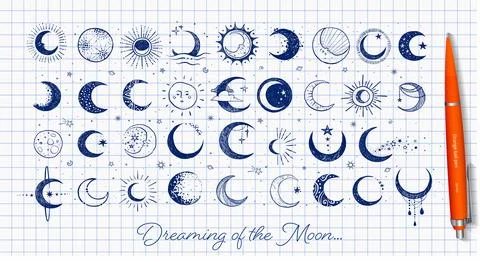 Doodles with the moon on lined paper background. Crescent moon collection Illustrazione stock
