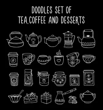 Doodles set of tea, coffee, dessert on a black background.  Stock Illustration