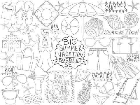 Doodles summer vacation set. Ocean and sea trip doodles. Stock Illustration