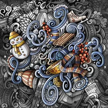 Doodles Winter graphics illustration. Creative cold season art background. Illustrazione stock