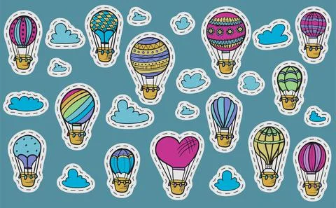 Doodlevector set of hot air balloons with clouds. Colorful hand draw stickers Stock Illustration