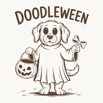 Doodleween cute halloween dog ghost design doodle puppy with pumpkin bucket.. Stock-Illustration
