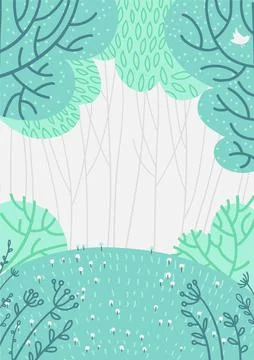 Doolde deep forest background, nature landscape with deciduous trees,green grass Stock Illustration