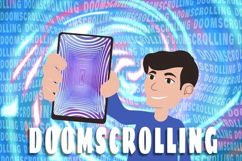 Doomscrolling concept. Man showing mobile phone with hypnotic geometric pat.. Stock Illustration