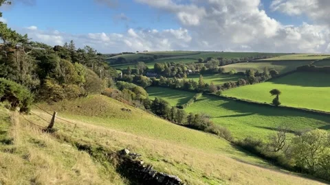 The Doone Valley and the distant Oare Church, Exmoor, England, UK Video stock 288839620