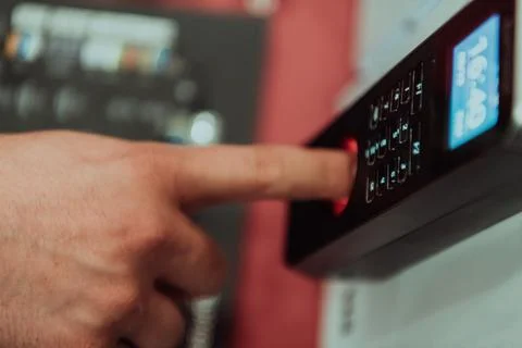 Door access control by Fingerprint Scanner, Facial recognition and Key Card Foto stock