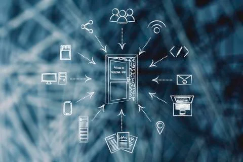 Door with access to personal data with upload arrows to different devices Illustrazione stock