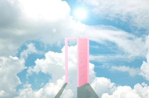 The door and the sky. 3d render white fluffy clouds will pass Fly out open do Stock Photos
