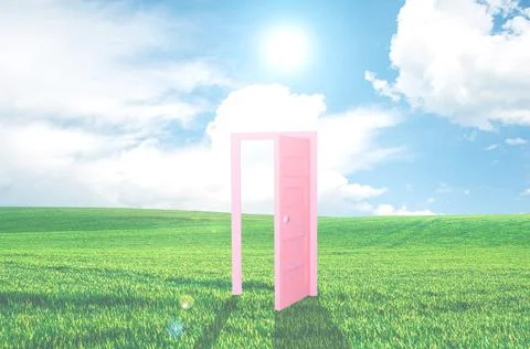 The door and the sky. 3d render white fluffy clouds will pass Fly out open do Stock Photos