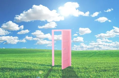 The door and the sky. 3d render white fluffy clouds will pass Fly out open do Stock Photos