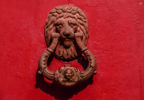 Door with brass knocker in the shape of a decor,  beautiful entrance Stock Photos