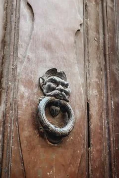 Door with a brass knocker in the shape of a man's head, a beautiful entrance Stock Photos